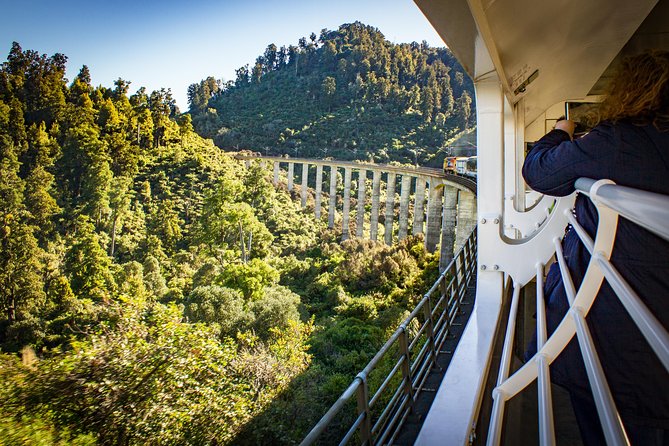 Northern Explorer Train Journey from Auckland to Wellington - Open-air viewing deck, seats, and onboard comfort