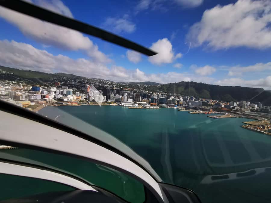 Wellington Helicopter Scenic Flight - Looking down on Te Papa, The Beehive, and the Cake Tin